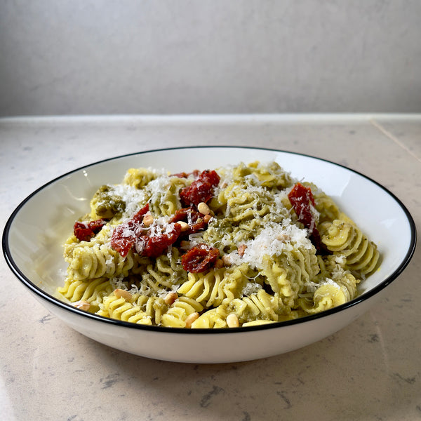 Basil Pesto Radiatori with Sundried Tomatoes and Pine Nuts (Serves 2)
