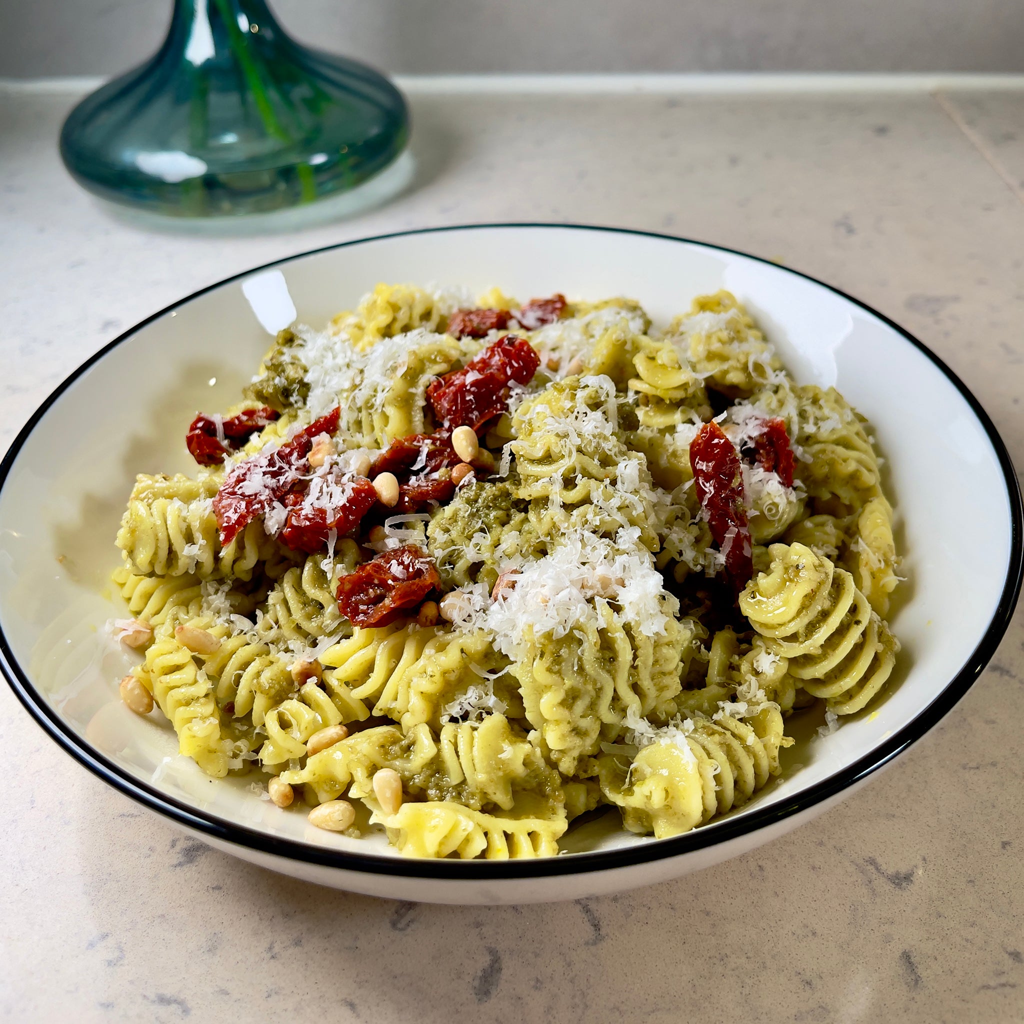 Basil Pesto Radiatori with Sundried Tomatoes and Pine Nuts (Serves 2)