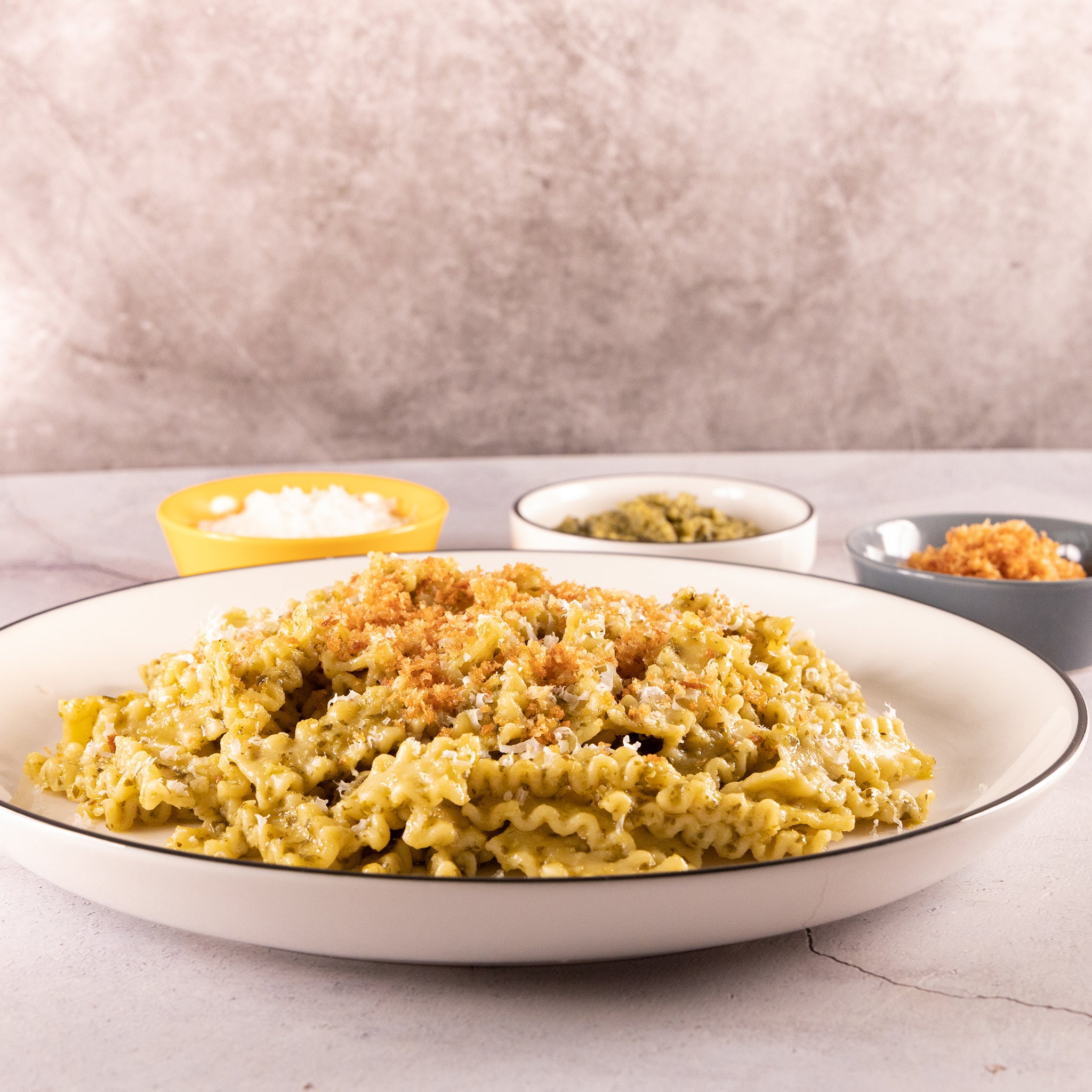 Mafaldine with Basil Pesto and Crispy Bread Crumbs (Serves 2)