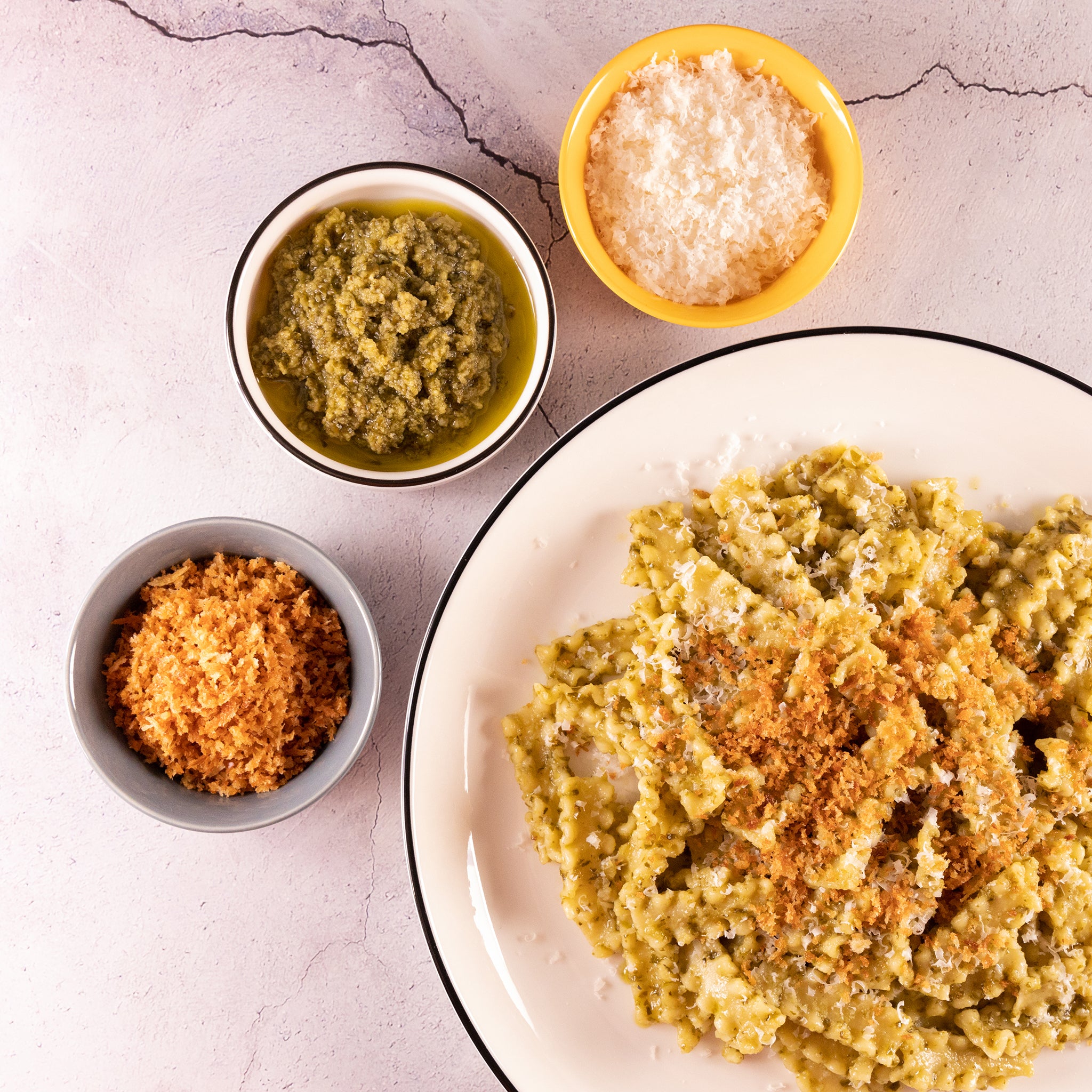 Mafaldine with Basil Pesto and Crispy Bread Crumbs (Serves 2)